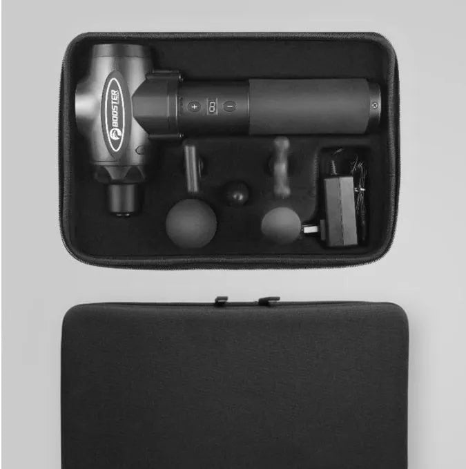 Black and white muscle relaxation massager with 12mm stroke depth and adjustable speed control