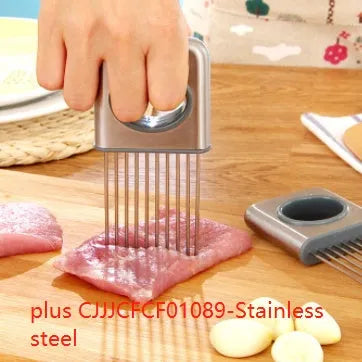 Stainless steel kitchen tool set including an onion fork and a garlic press on a kitchen counter.