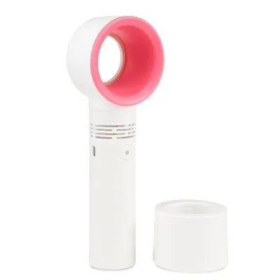 Portable bladeless fan in choice of colours with USB cable and base, showing no visible blades.