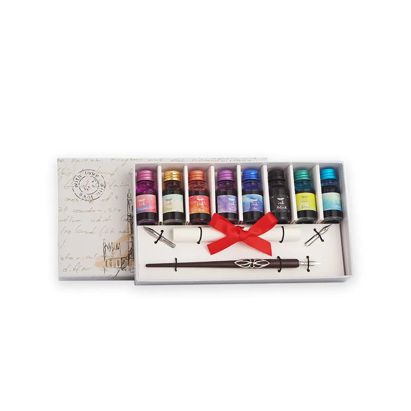 Wooden dip pen gift set with coloured ink bottles in presentation box for calligraphy writing