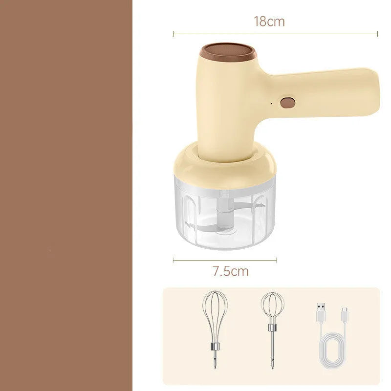 USB rechargeable electric garlic chopper with egg beater attachment in khaki or beige colour options