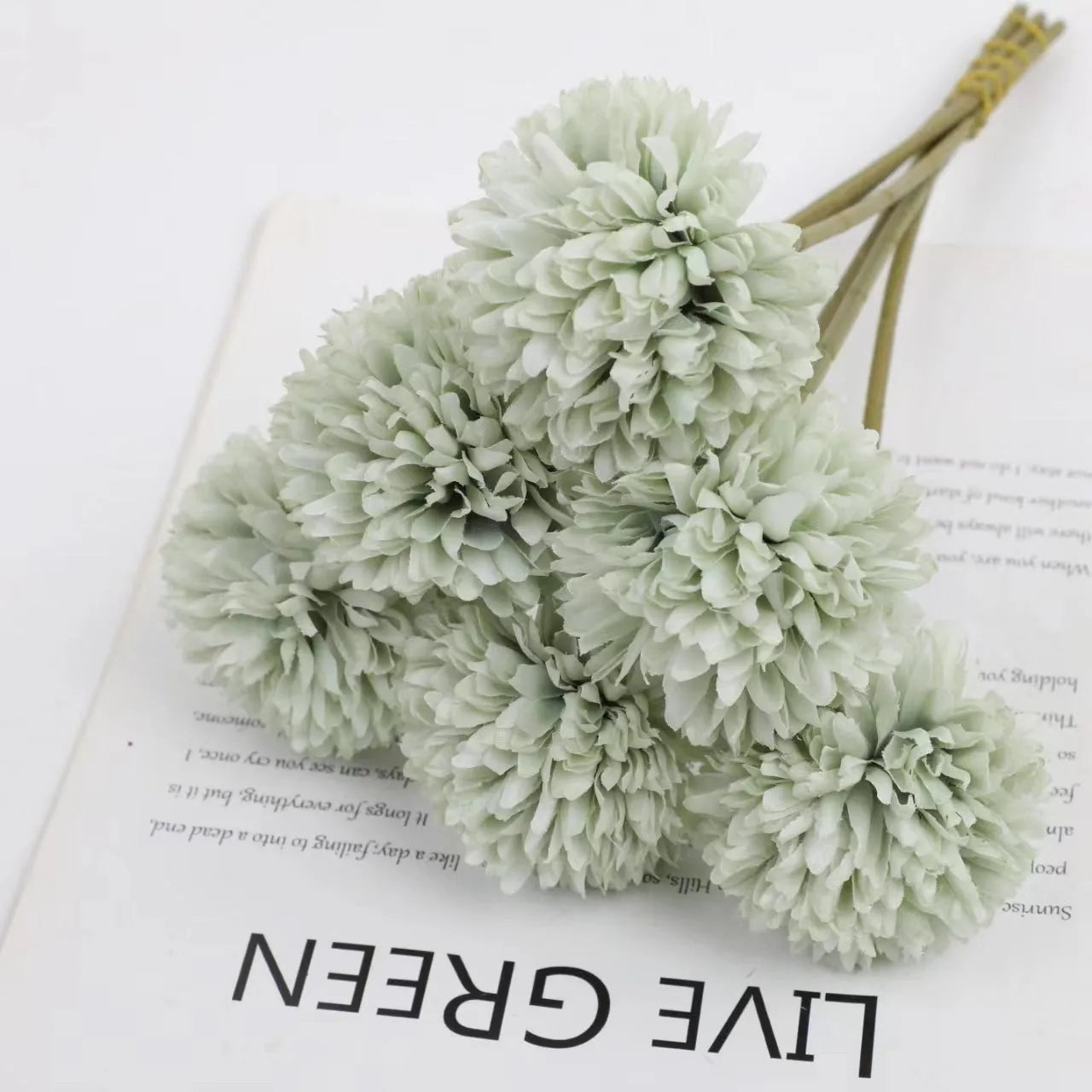 Set of six 30cm tall silk dandelion artificial flowers in white, blue, green, purple, champagne, and pink.