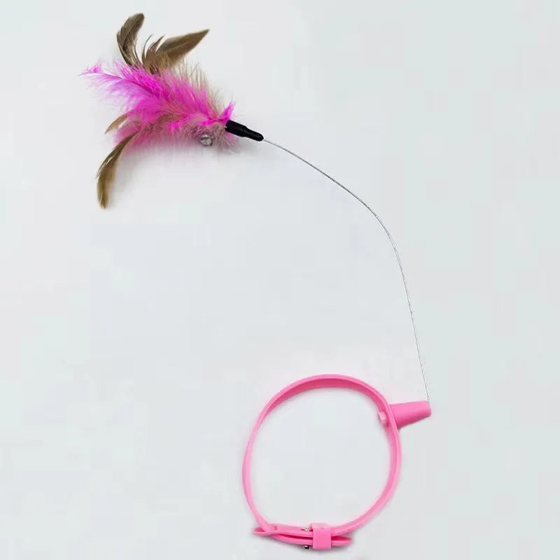 Blue adjustable cat collar toy with silicone teasing wand and feather attachment