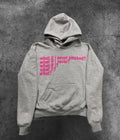 Man's black hooded sweater with a white letter print design on the front.