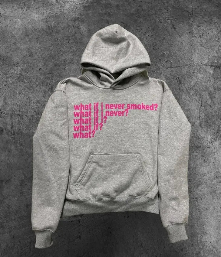 Man's black hooded sweater with a white letter print design on the front.