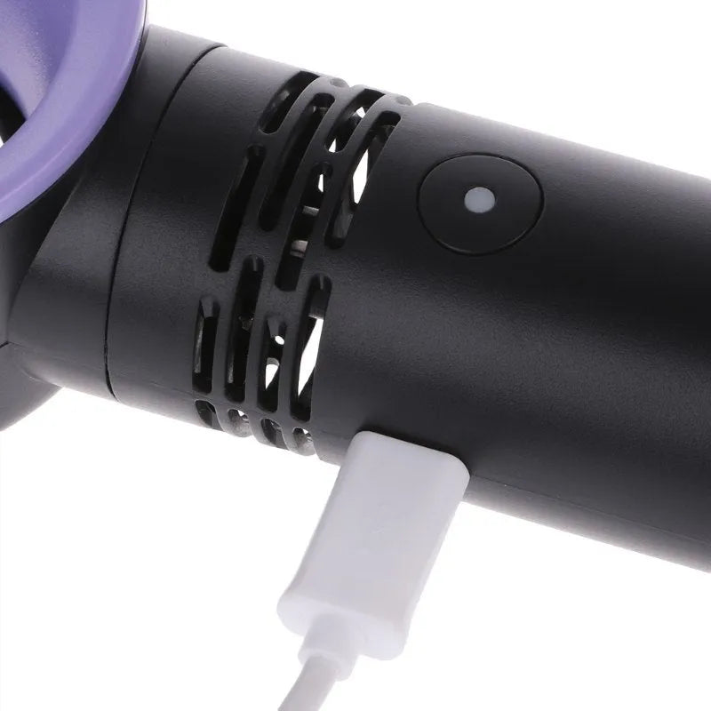 Portable bladeless fan in choice of colours with USB cable and base, showing no visible blades.