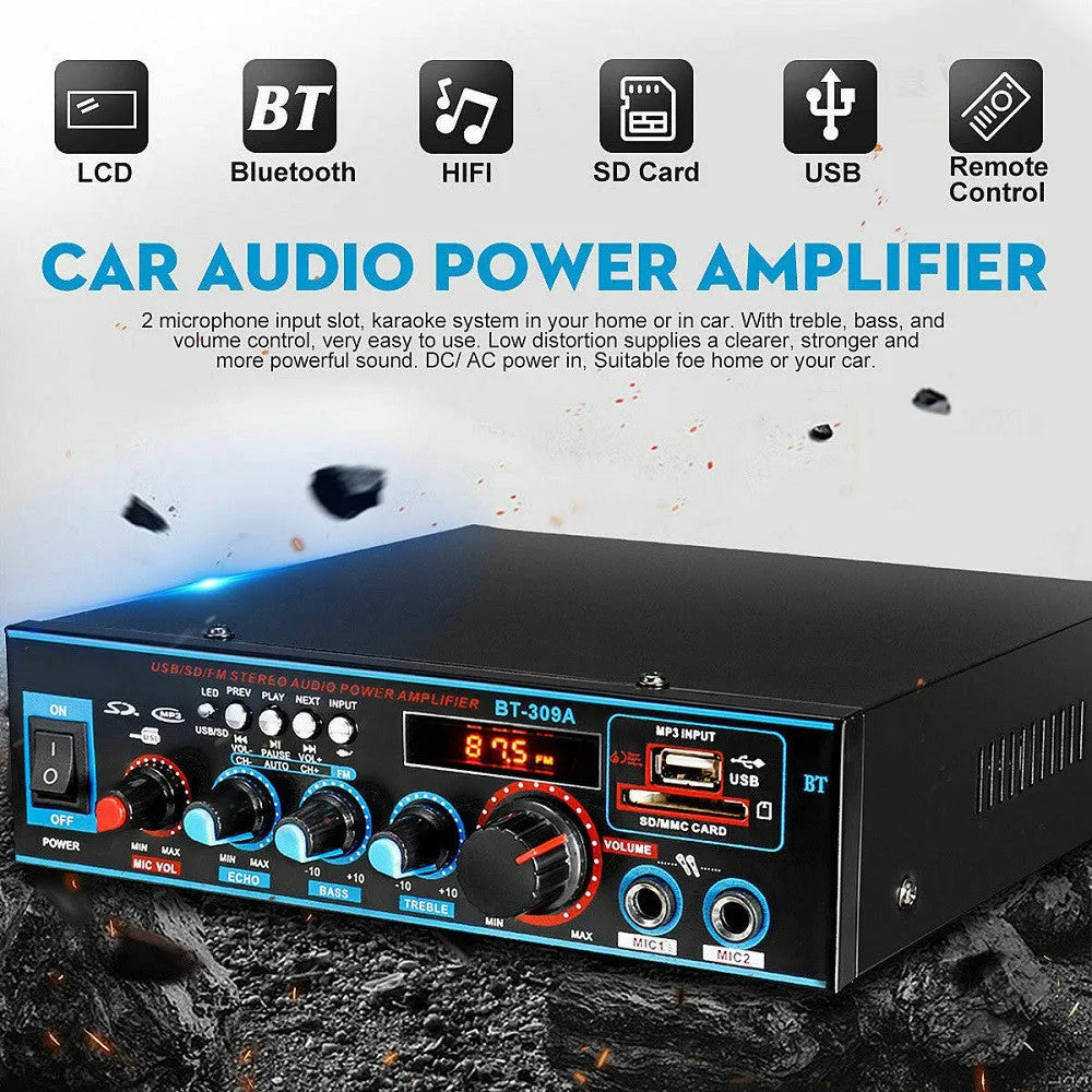 Black dual-purpose power amplifier with wire clamp connections, remote control, measuring 20x19.6x5.8cm