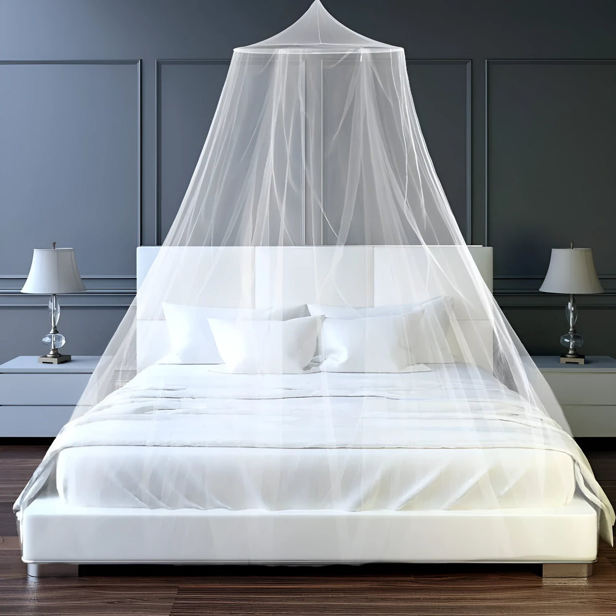 Double bed mosquito net in pink or white, polyester, single opening, installation-free.