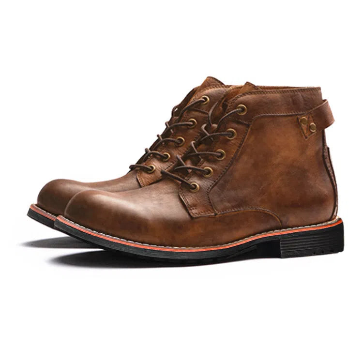 Men's retro lace-up Western boots in black or brown with mid horseshoe heel, round toe and embossed artificial PU upper