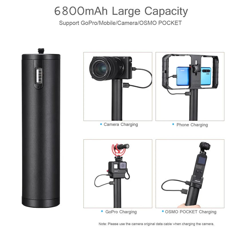 Black portable power bank with integrated handle showing 12.5cm length and 3.2cm width dimensions