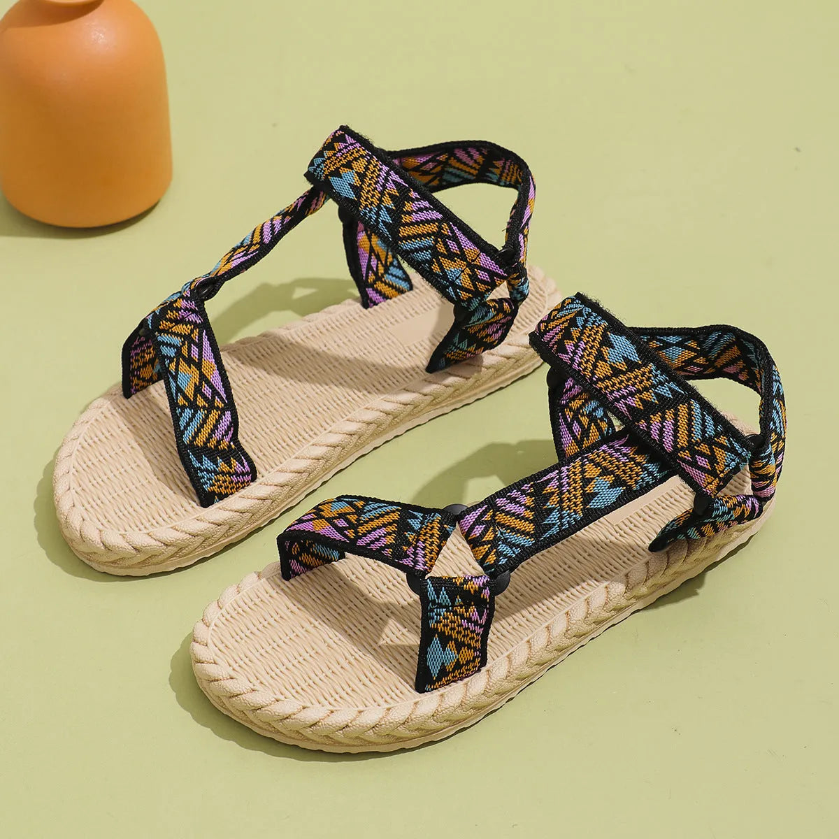 Women's flat sandals with cloth upper, leather stitching, non-slip sole, round toe, sizes 36-41