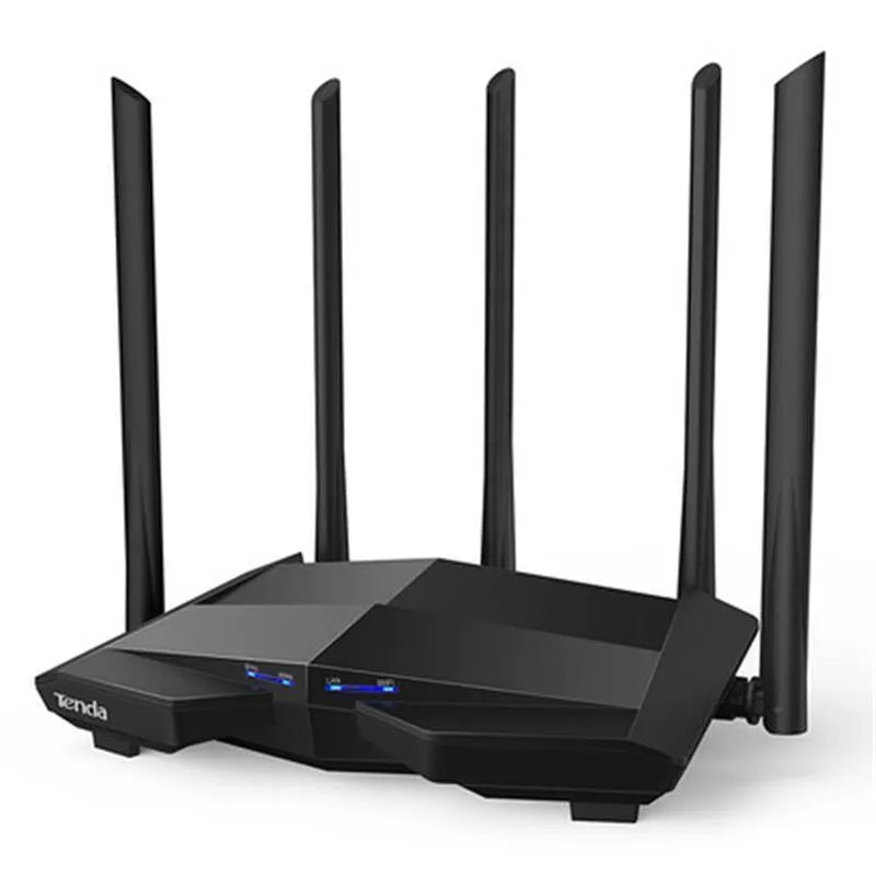 Black AC11 gigabit wireless router with four network ports and UK power plug