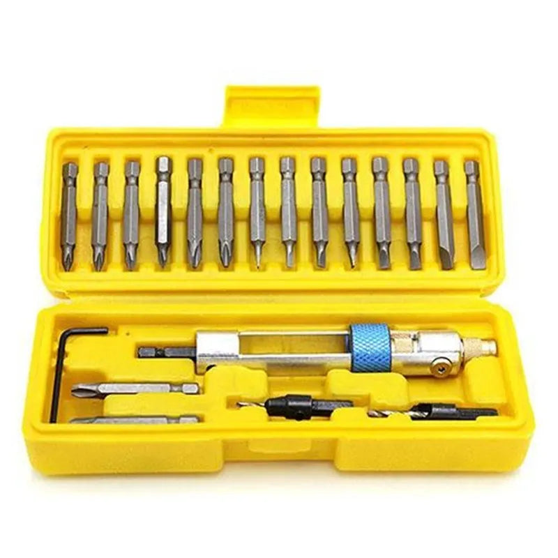 Half Time Drill Driver Set with swivel head, 18 bits including Phillips and flathead, on a workbench