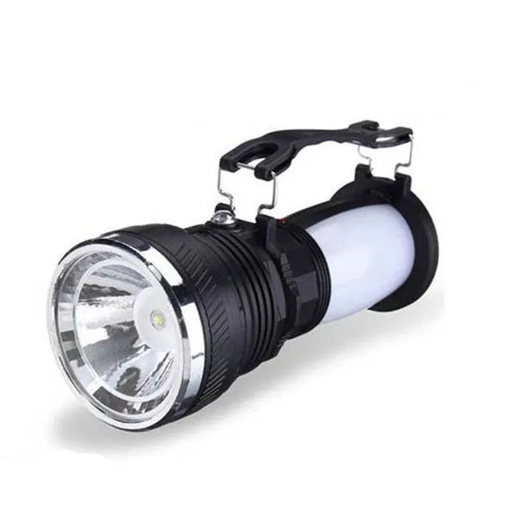 Black solar charging LED flashlight with USB port and press switch for outdoor emergency use