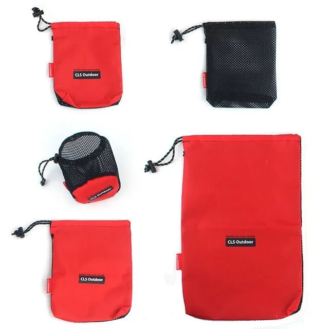 Red outdoor travel storage bag set with five organisers showing zipper closures and multiple internal pockets