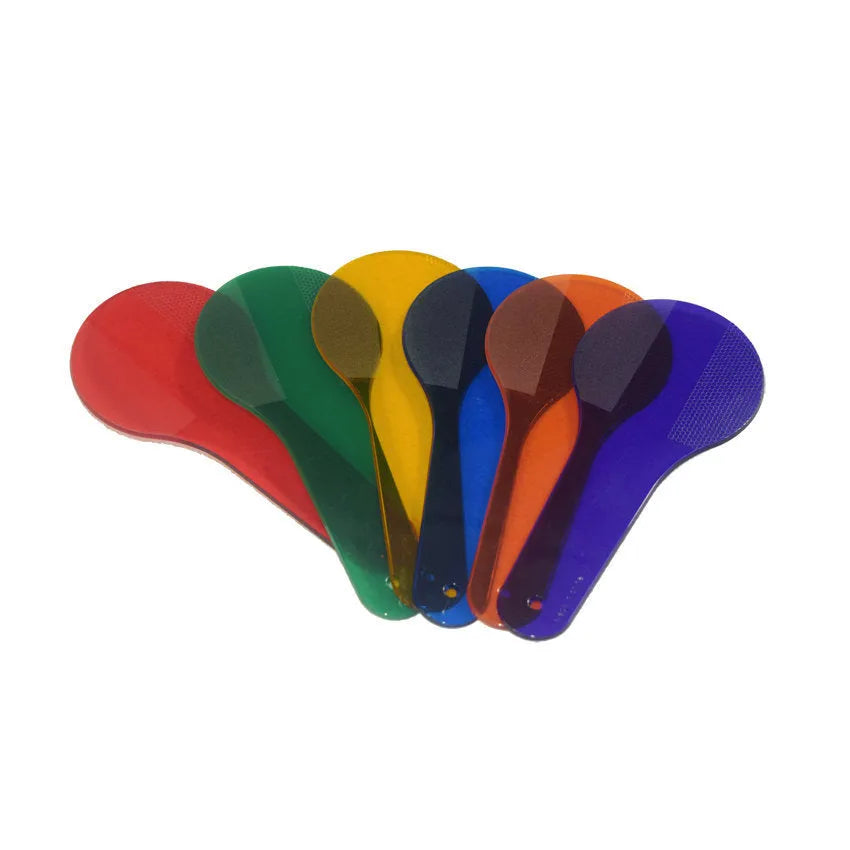 Set of six rectangular PVC colour learning boards for kids in red, yellow, blue, green, orange, and purple.