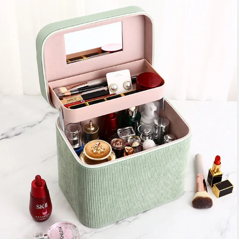 Corduroy cosmetic storage box with 30cm width, 20cm height, and 15cm depth dimensions in solid colour option