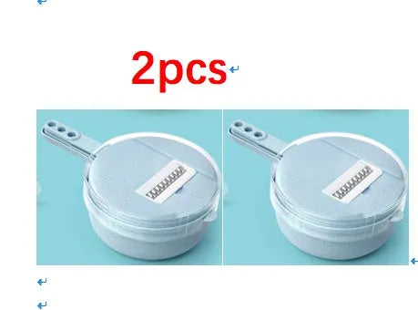 Blue hand-held mandoline slicer with stainless steel blades and plastic container for vegetable preparation