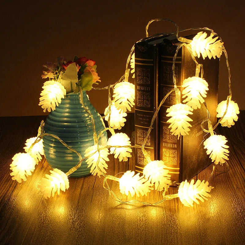 Warm white LED pine cone light string with battery operation for decorative lighting