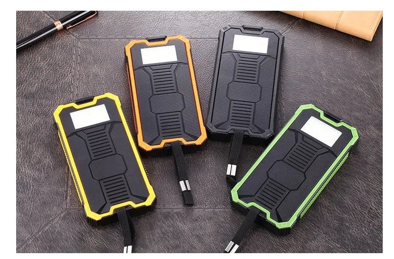 Solar power bank with polymer lithium battery in plastic housing showing colour options