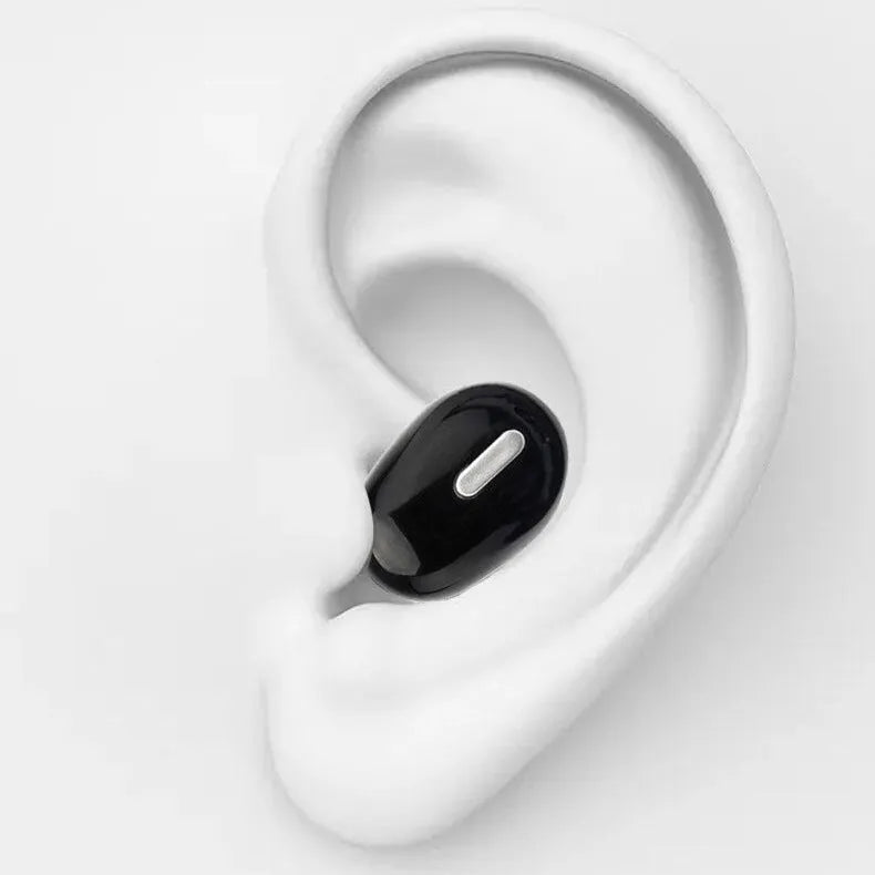 X9 mini single-ear Bluetooth headset in black or white, shown with optional protective case.