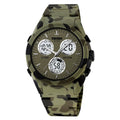Electronic casual watch with camouflage colour option on wrist, showing ABS case and TPU strap