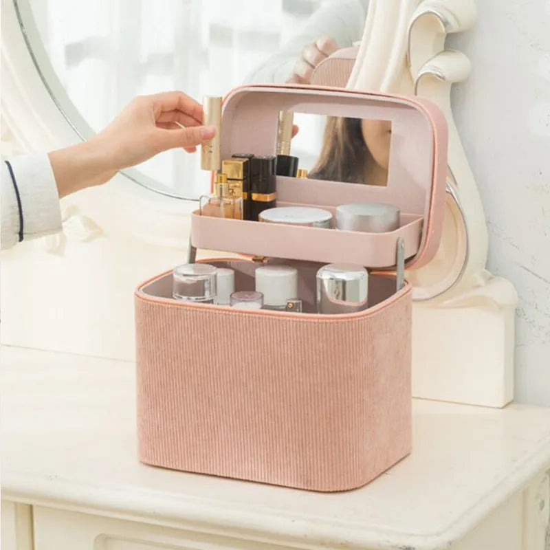 Corduroy cosmetic storage box with 30cm width, 20cm height, and 15cm depth dimensions in solid colour option