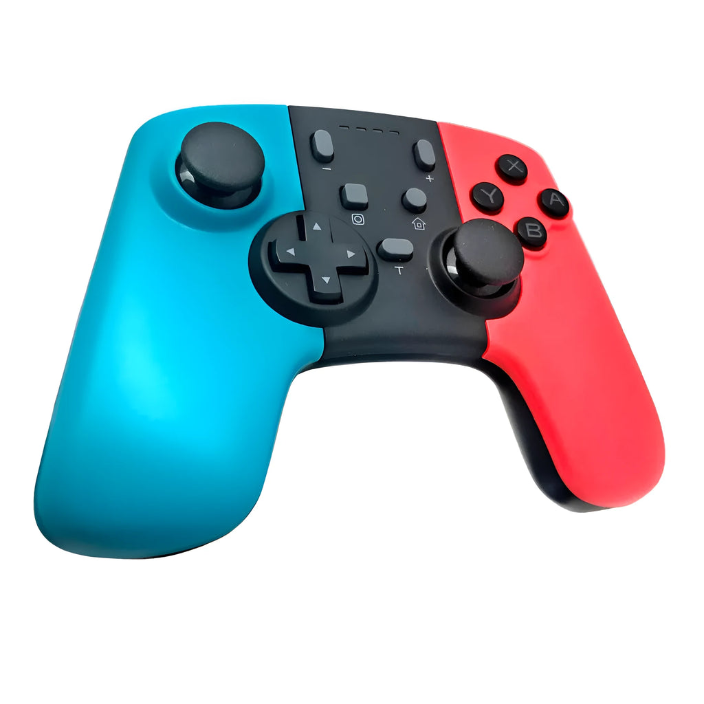 SWH wireless game controller for Nintendo Switch in hand, showing analogue sticks, face buttons, and ergonomic shape.