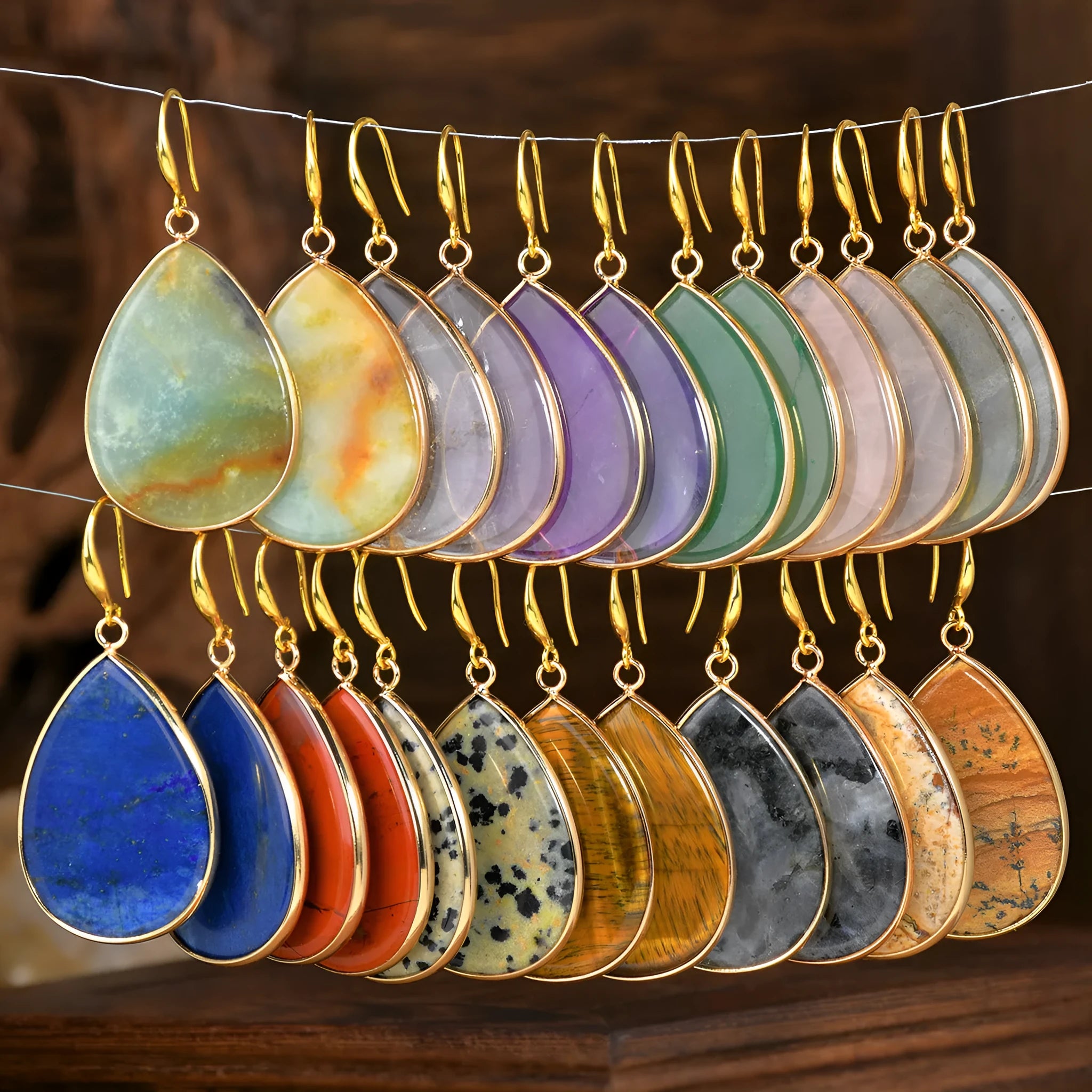 Women's retro high profile natural stone pendant earrings with drop shape design in various colour options
