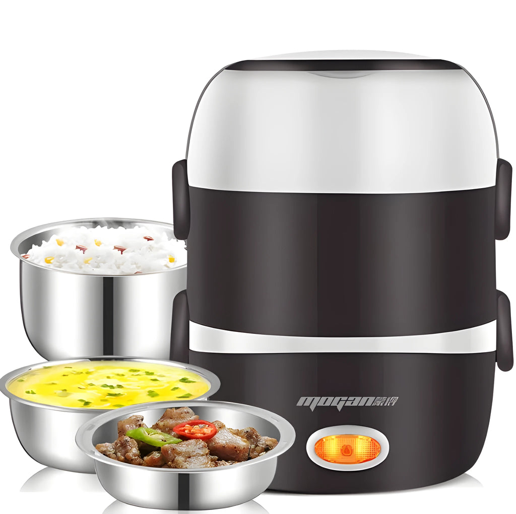 White rice cooker with 2 litre capacity and steaming basket options