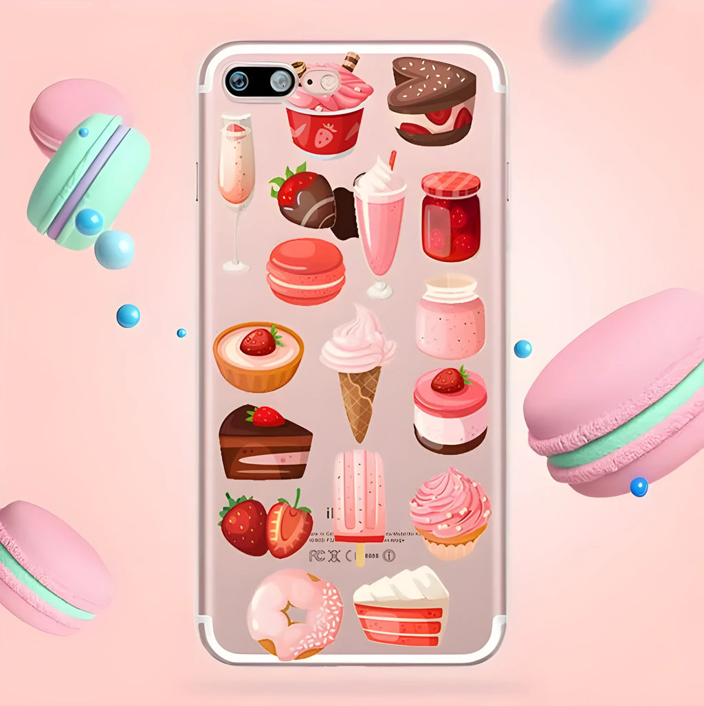 Transparent silicone phone case with ice cream pattern for Apple iPhone models.