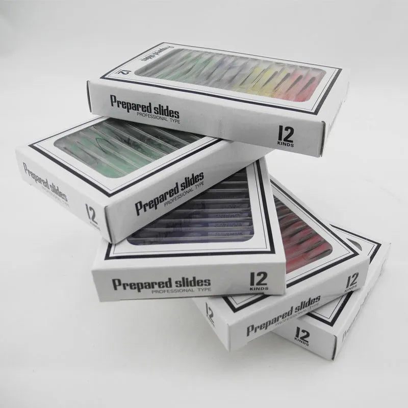 48-piece educational microscope slide set with colour-coded boxes containing plant and animal specimens.