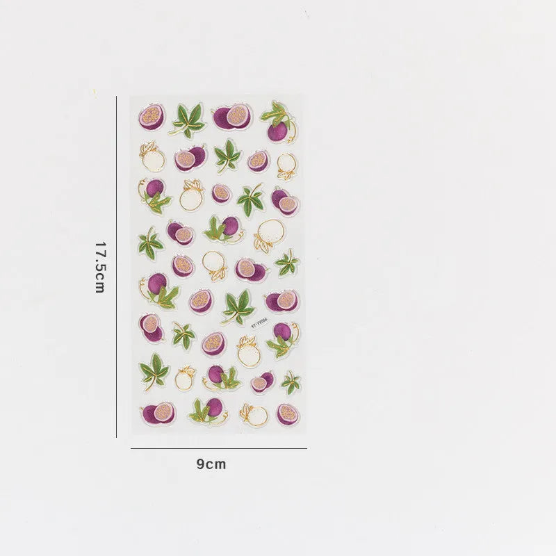 Pack of six DIY fruit bronzing stickers showing grape, orange, passion fruit, peach, pineapple and strawberry designs.