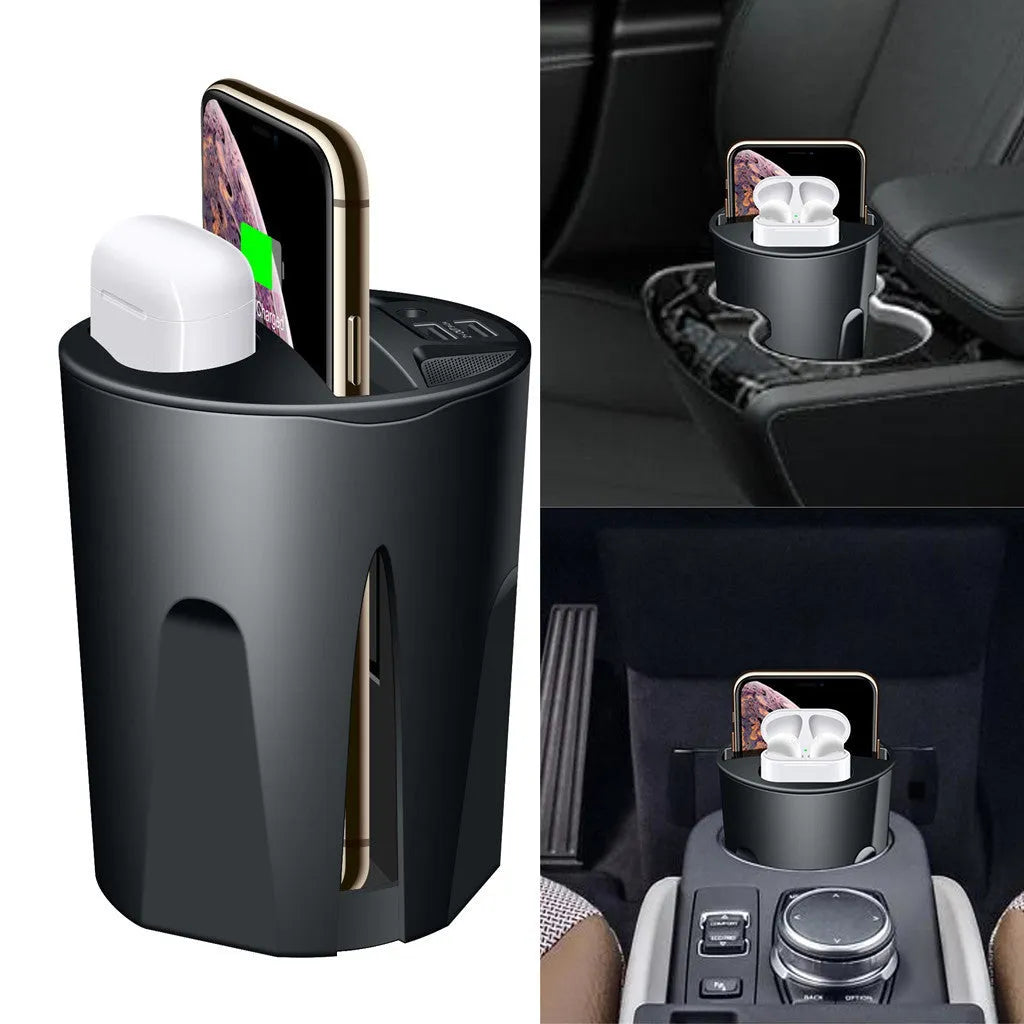 Black X9 car wireless charging cup and mount on a car dashboard with charging indicator light on.
