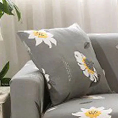 Geometric pattern stretchable sofa slipcover on three-seater sofa showing tight fit without wrinkles