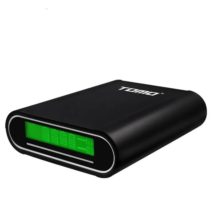 Black DIY power bank kit with LCD display showing battery levels and dual USB charging ports
