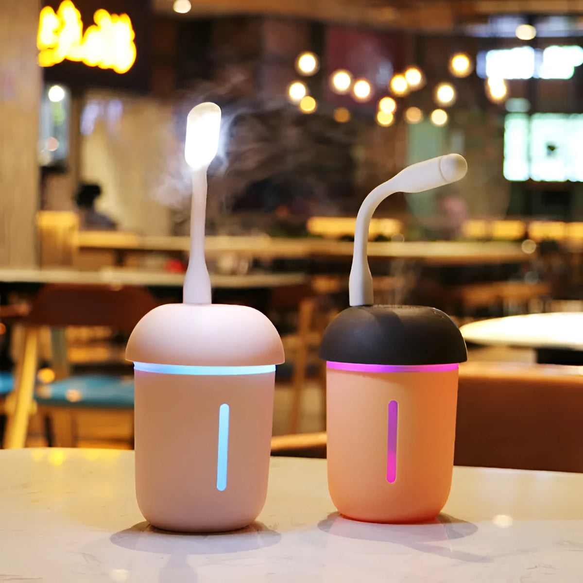 USB charging household air purifier with water replenishing fan, night light, and humidifier in mushroom design, shown in coffee, pink, black, and blue.