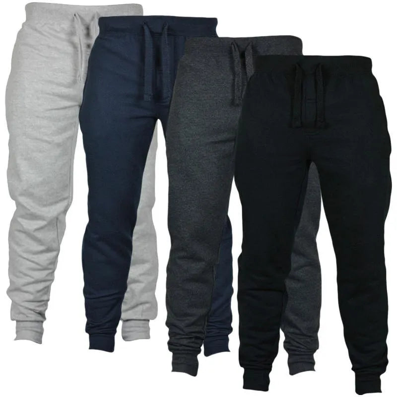 Men's solid colour fleece casual pants with drawstring waist, loose fit, and full-length design in black, grey, or navy