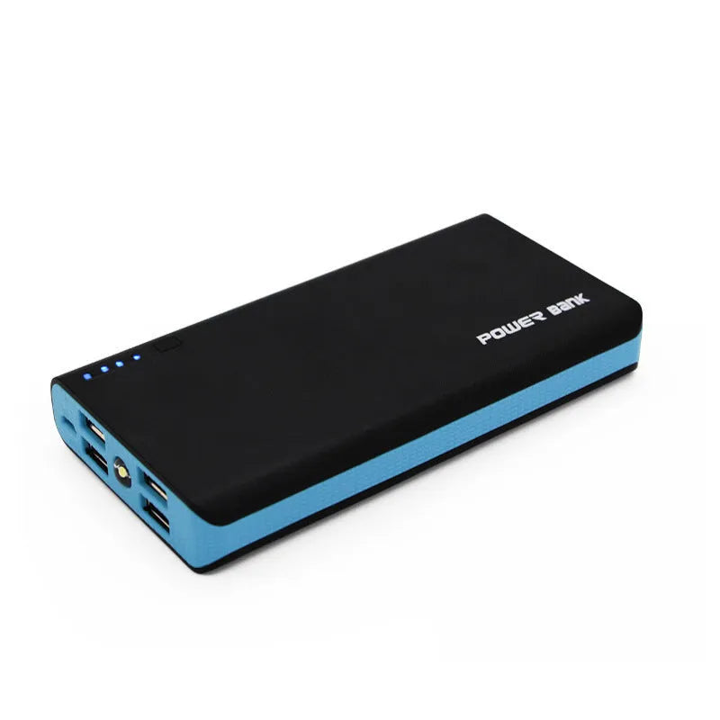 20000mAh blue power bank showing dimensions 145×68×22mm with 2.1A fast charging capability