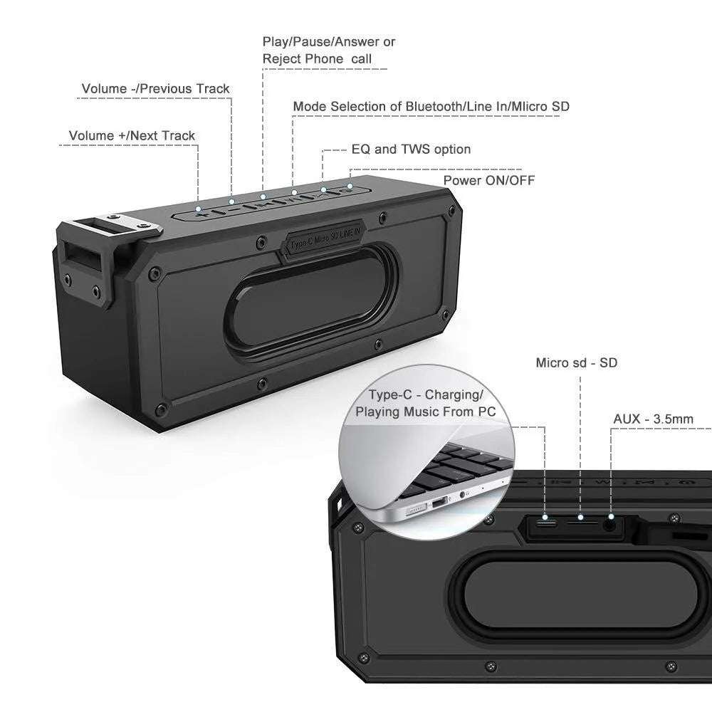 Black X3 PRO 40W waterproof Bluetooth speaker with carry rope, showing size and ports.