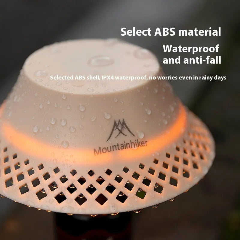 Beige wine bottle-shaped camping lantern with LED lights and USB Type-C port for charging