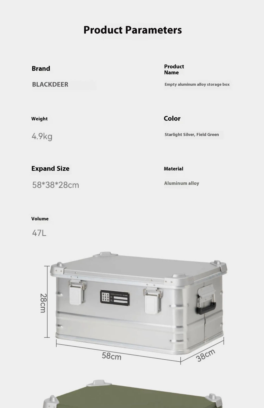 Field green aluminium alloy outdoor storage box with dimensions 58cm by 38cm by 28cm.