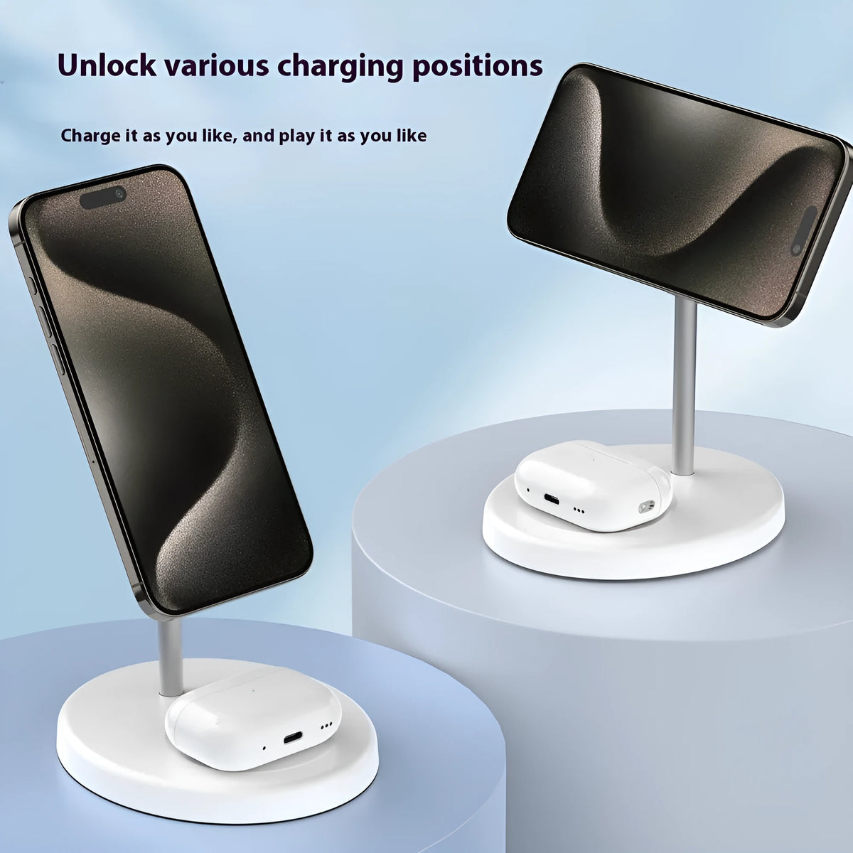Rotatable three-in-one wireless charger in black or white, ABS and aluminium alloy, 130x110x161mm, Type C