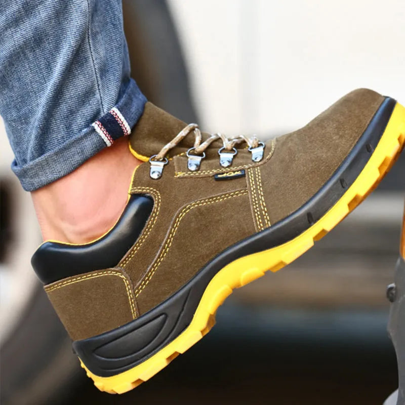 Bronze unisex safety shoes with steel toe caps and anti-skid soles for workplace protection
