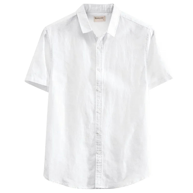 Men's square collar linen short sleeve shirt in loose fit casual style