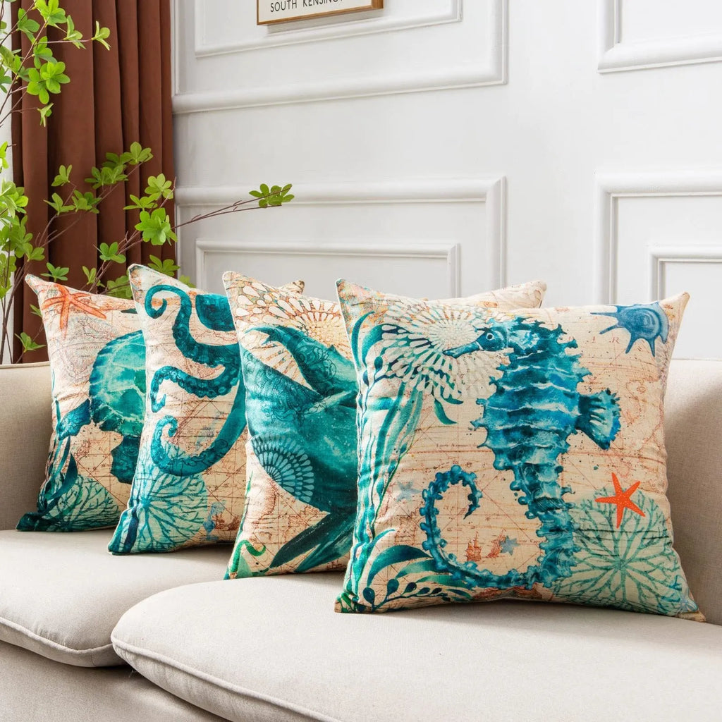 Linen cushion cover with printed sea turtle design, showing invisible zipper and 45x45cm size.