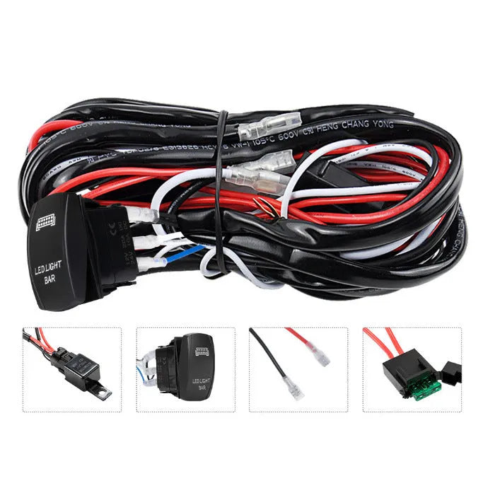Black off-road LED spotlight wiring harness kit with switch and 2-metre cable.