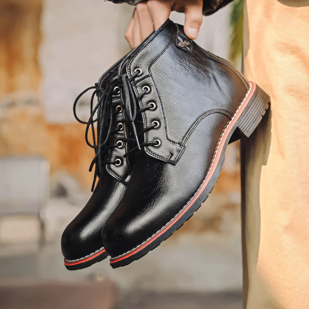 Men's retro lace-up Western boots in black or brown with mid horseshoe heel, round toe and embossed artificial PU upper