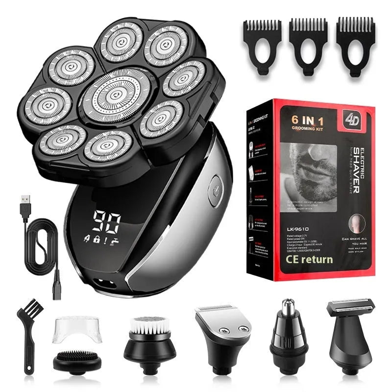 Black 6-in-1 multifunctional haircut suit with hair clipper, shaving head, nose trimmer, and attachments on display