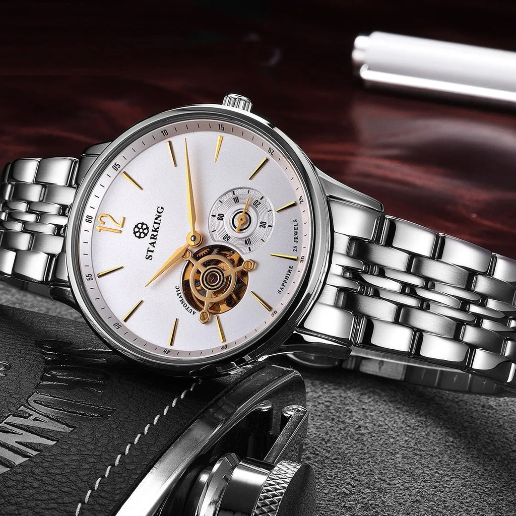 Automatic mechanical men's watch with brown leather strap, stainless steel case, and sapphire crystal glass on white background